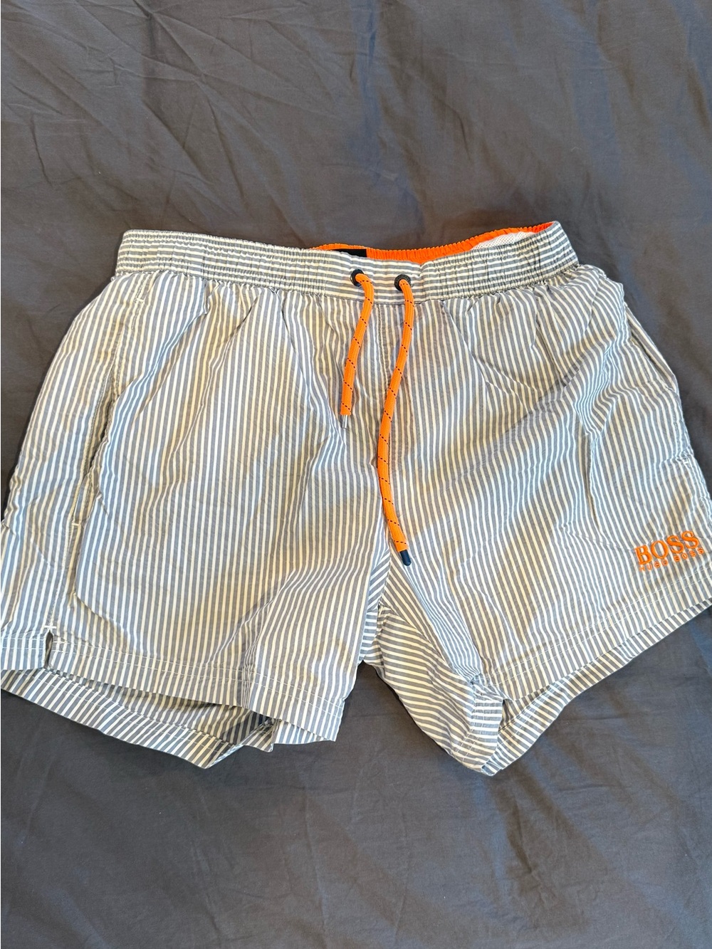 Boss Light Blue & White Striped Swim Shorts with Orange Drawstring